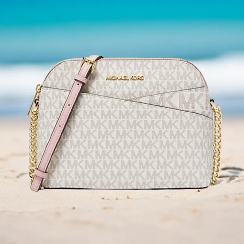 Michael Kors Jet Set Travel Medium Logo Dome Signature MK Powder Blush Pink - Picture 16 of 16